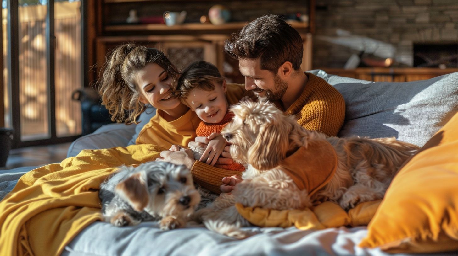 A family and their furry friends.