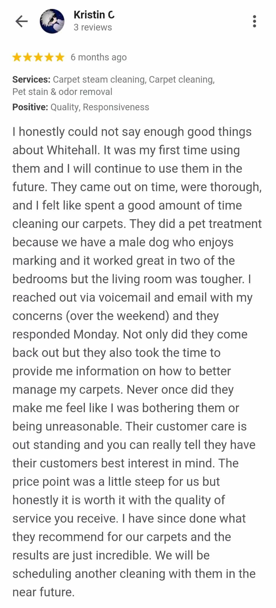 Whitehall Carpet Cleaning Columbia SC Google Review