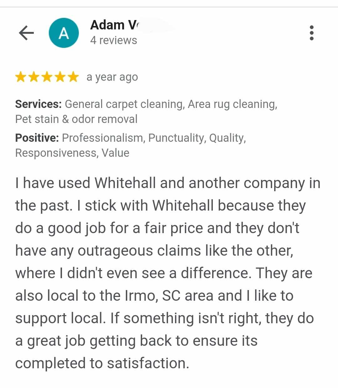 Whitehall Carpet Cleaning Columbia SC Google Review