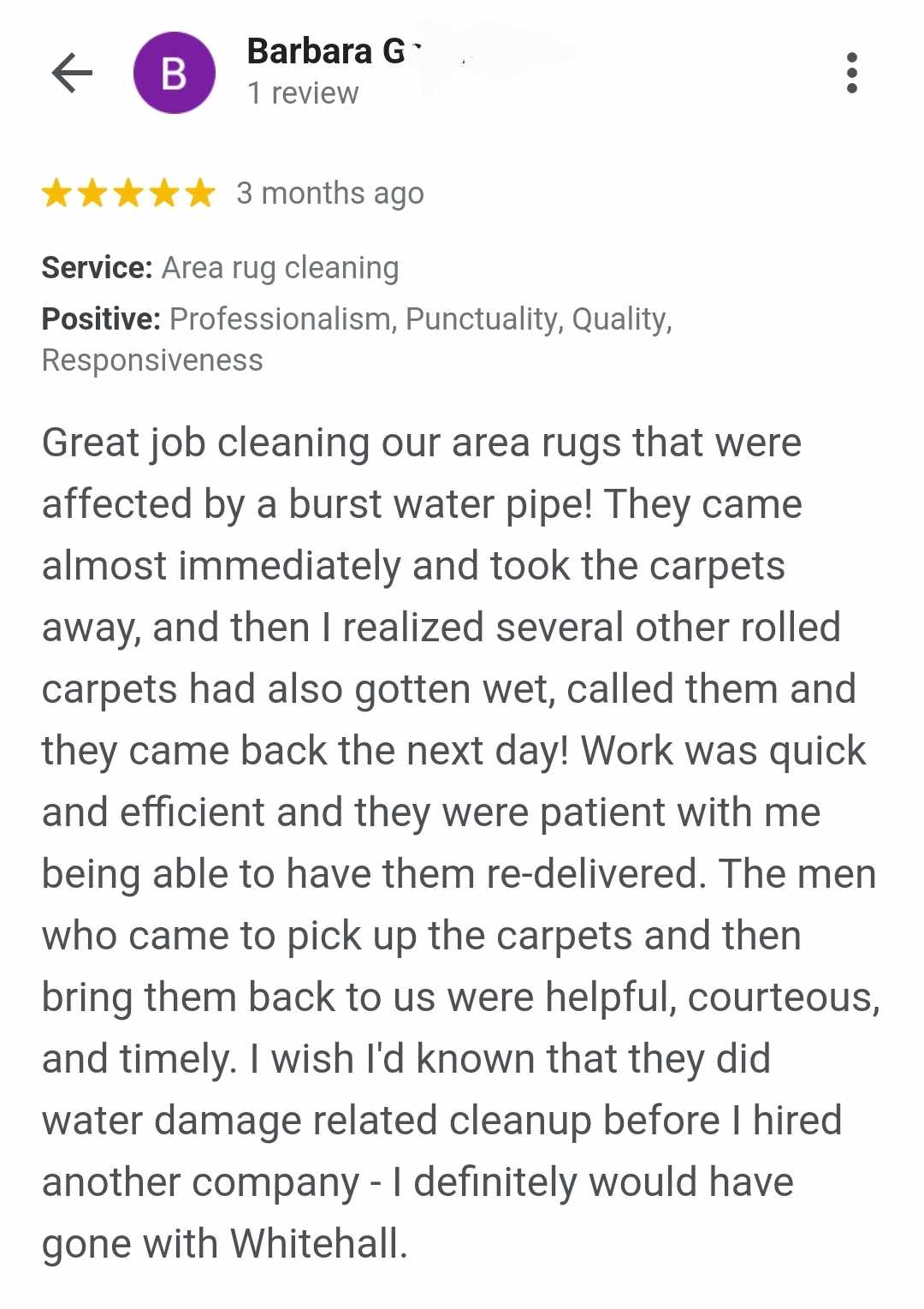 Whitehall Carpet Cleaning Columbia SC Google Review